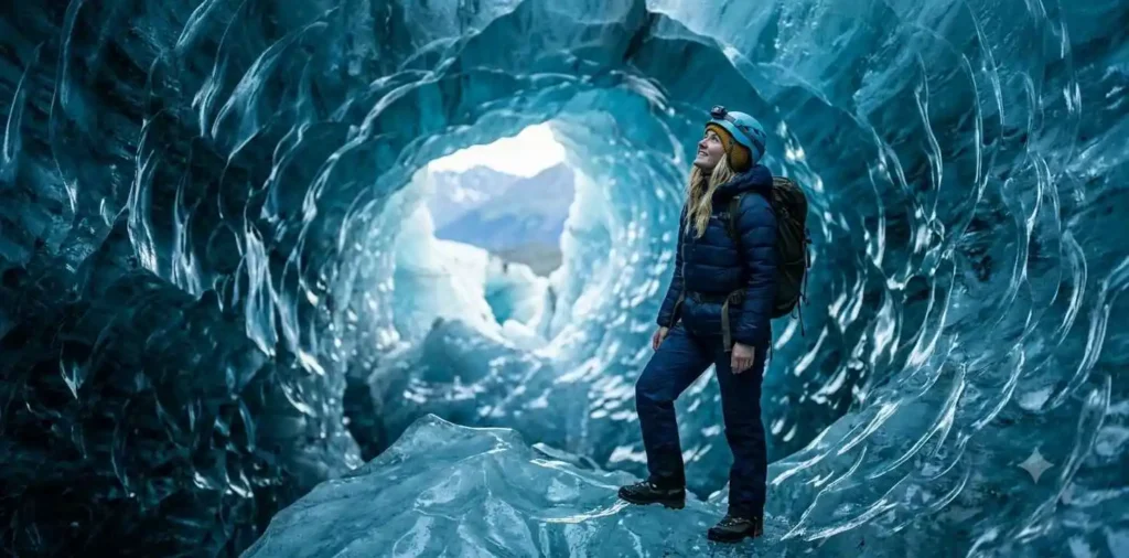 Explorer inside glowing blue glacier cave