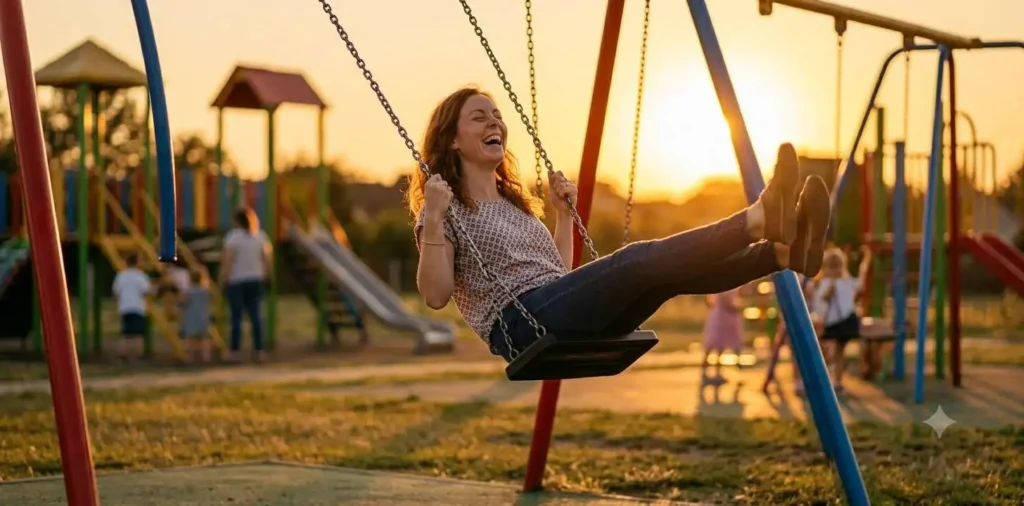 Adult laughing freely on a playground swing