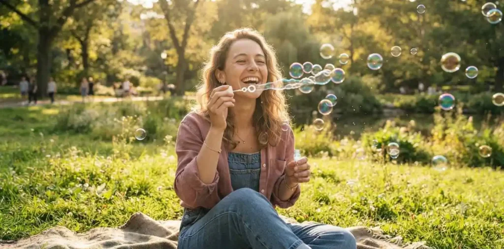 Adult blowing bubbles in a sunny park