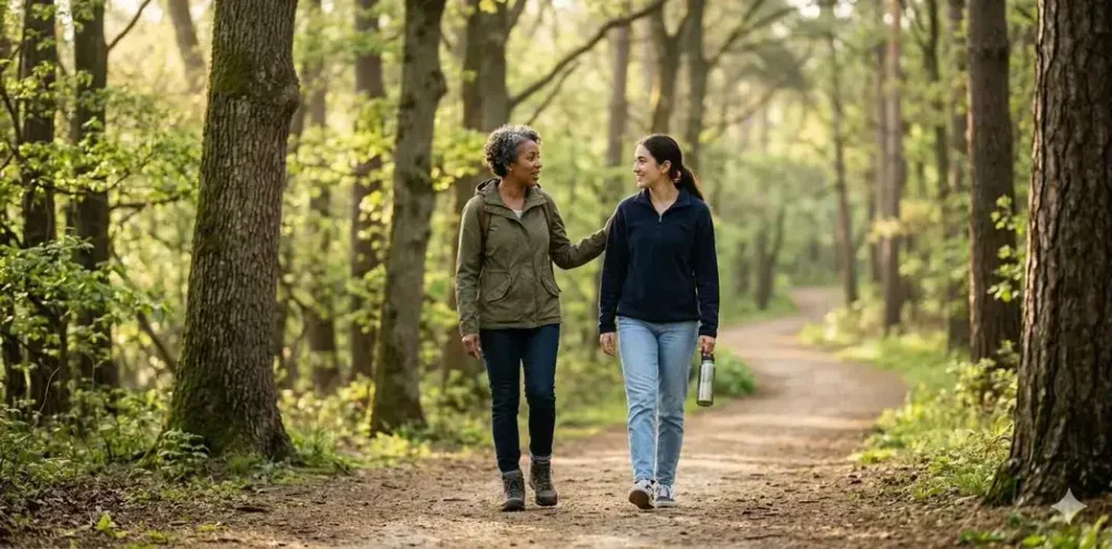 Aunt encouraging young woman during walk