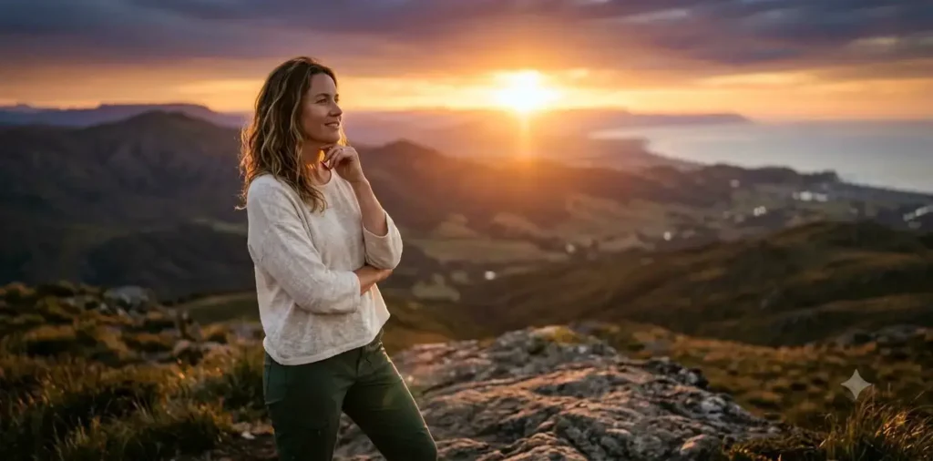 Woman reflecting during sunset birthday moment