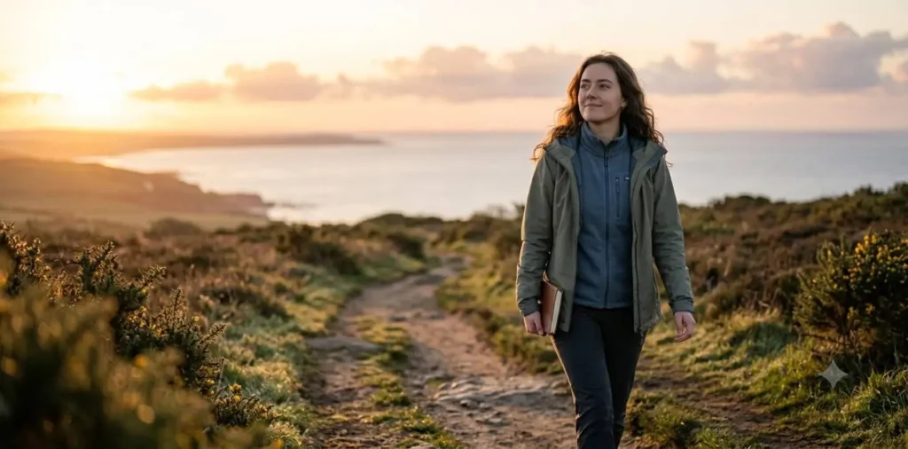 Woman walking confidently at sunrise outdoors