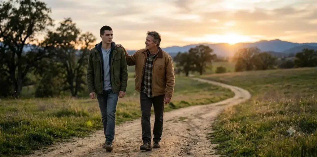 Father walking with growing son at sunset