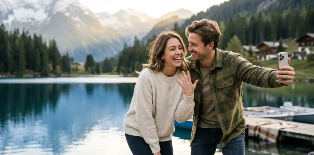 Engaged couple taking selfie on honeymoon trip