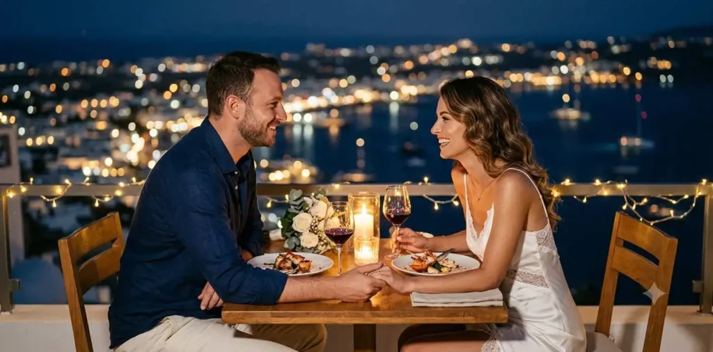 Engaged couple taking selfie on honeymoon trip