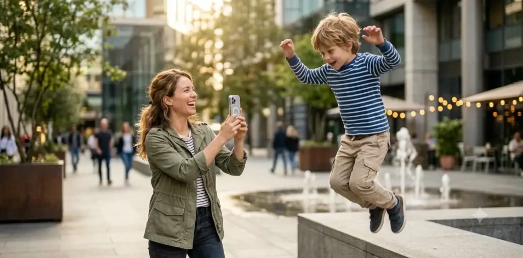 Mother filming playful moment with son