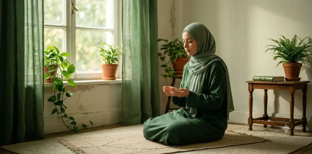 Peaceful prayer scene with green natural light ambiance