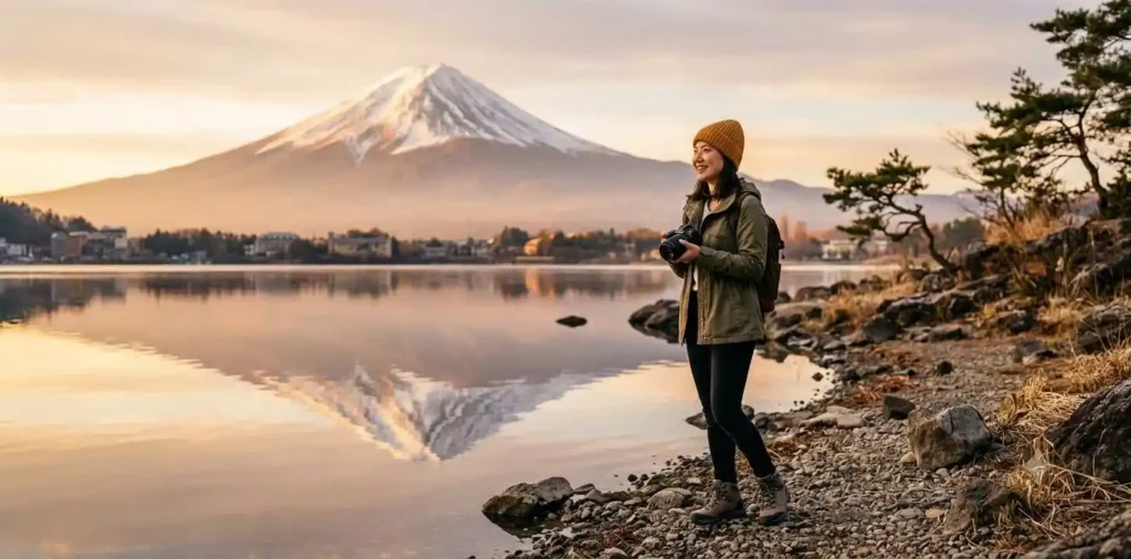 Traveler admiring Mount Fuji during sunrise