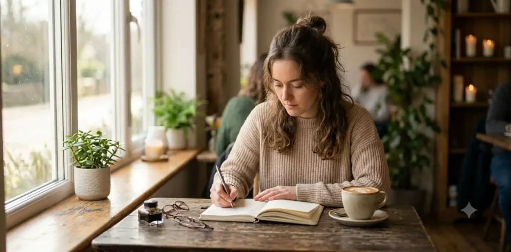 Person writing in journal at cozy café