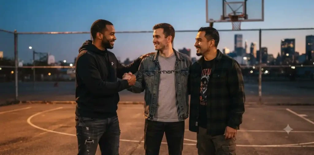 Close friends sharing a handshake outdoors