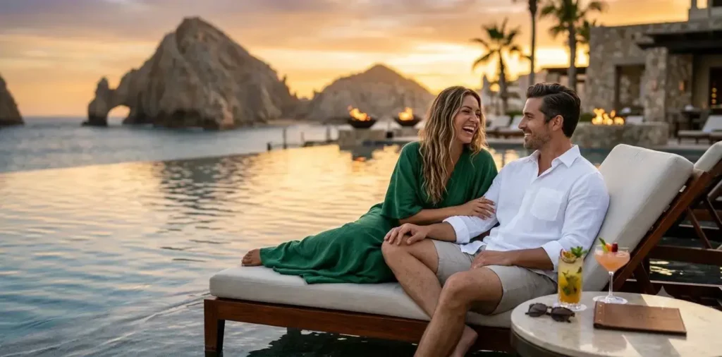 Couple relaxing beside luxury resort infinity pool