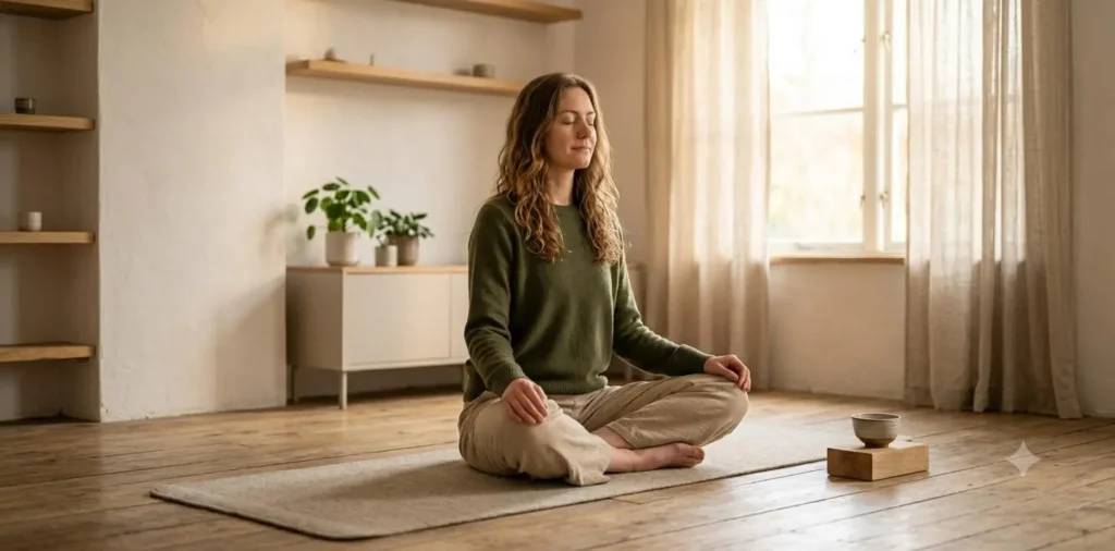 Woman meditating peacefully in cozy room