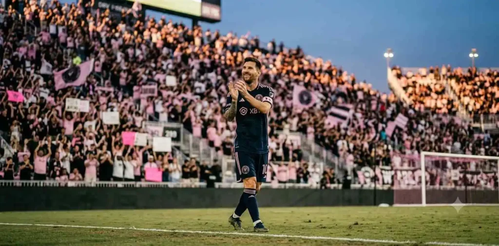 Lionel Messi applauding supporters inside a packed football stadium