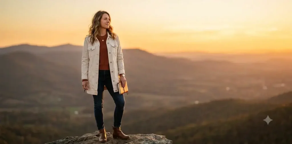 Woman reflecting during sunset birthday photoshoot