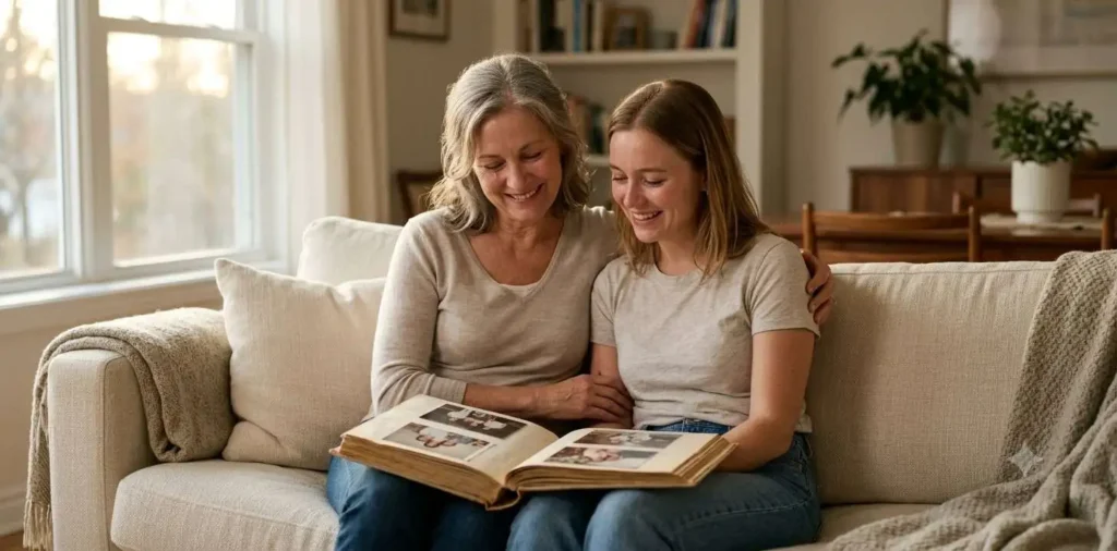 Mother and daughter looking through old photos