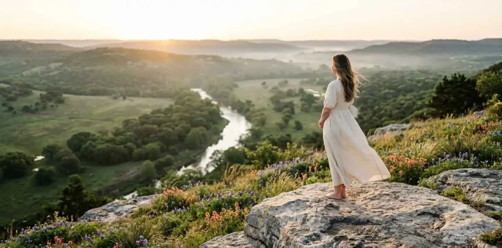 Woman overlooking scenic Texas Hill Country view