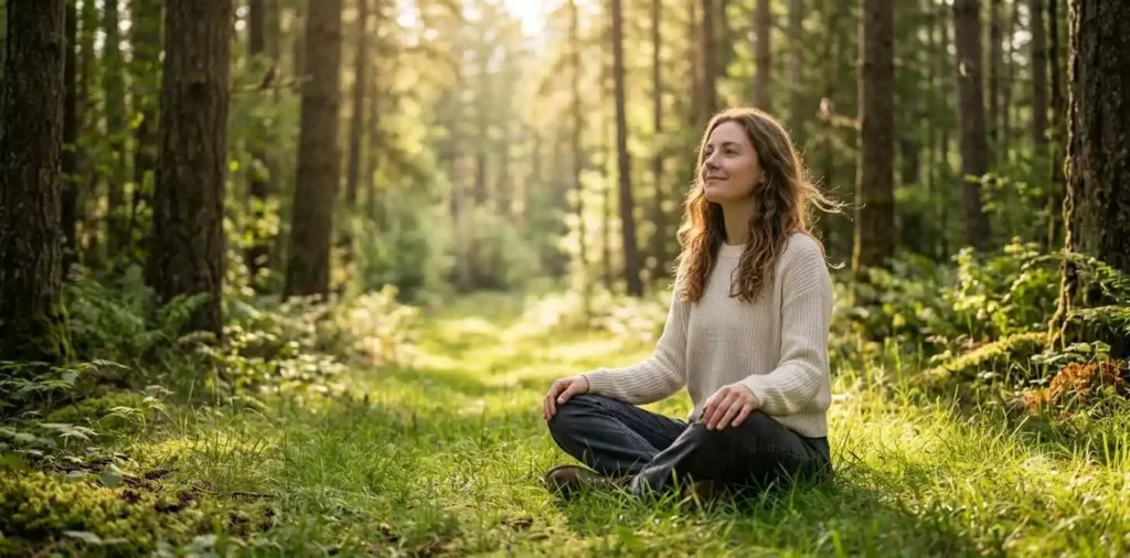 Person sitting quietly in green forest sunlight