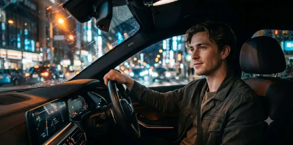 Young man driving through city lights at night