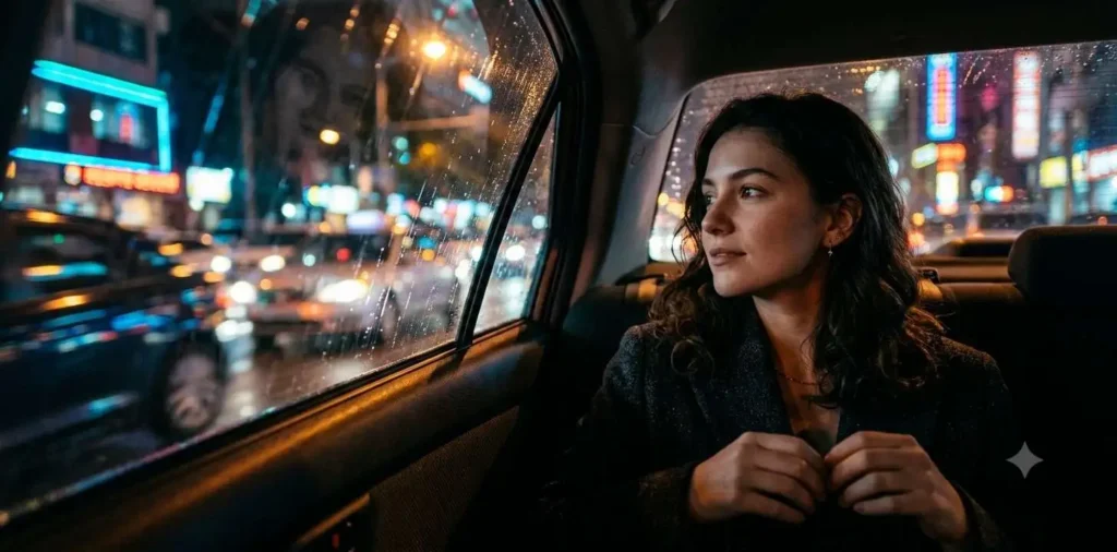 Young woman enjoying nighttime car ride through city