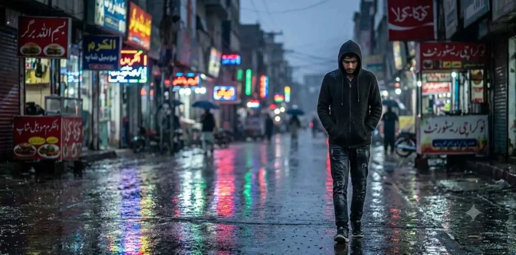 Man walking alone under neon city lights