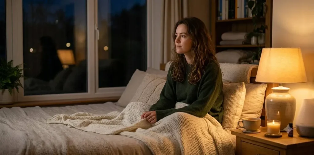Woman reflecting beside bedside lamp at night