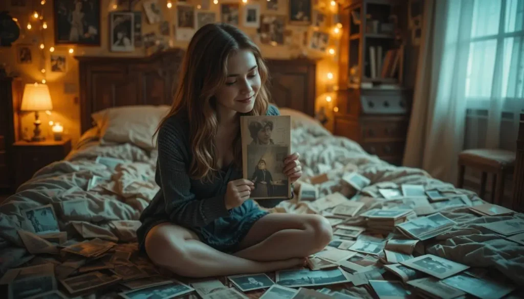 Woman looking through old photographs near window