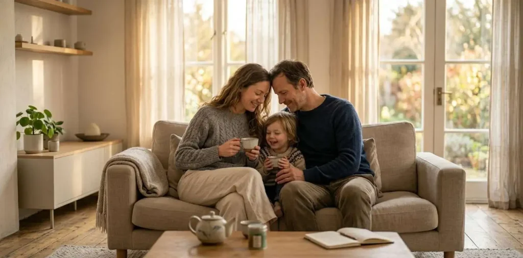 Happy family relaxing together in living room