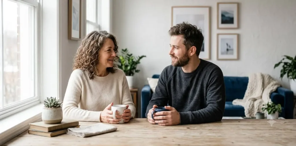 Mother and son sharing coffee at home