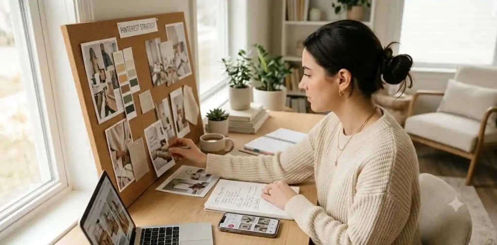 Content creator planning Pinterest posts at a desk