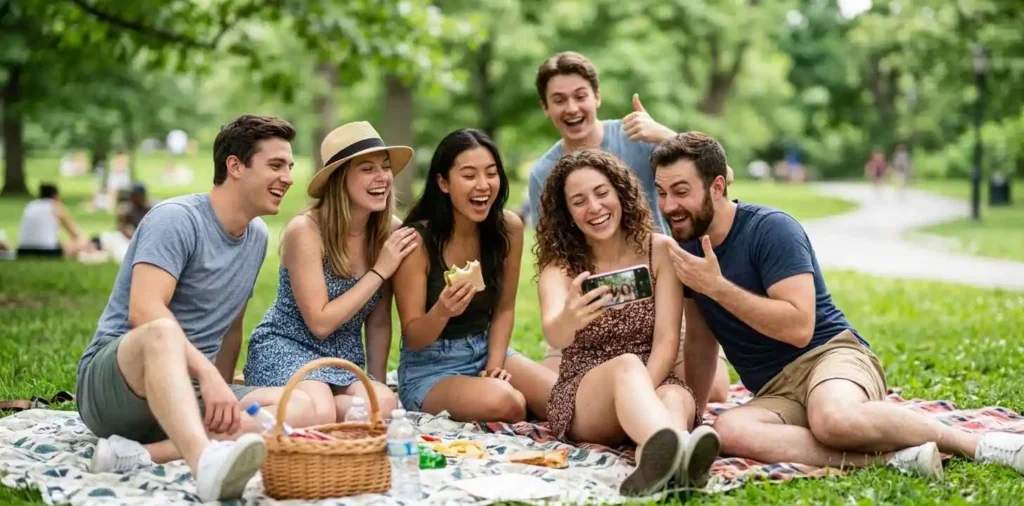 Friends laughing together while choosing captions on phone