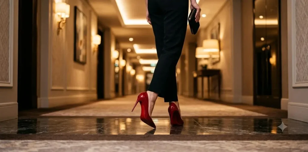 Woman walking confidently in stylish red heels
