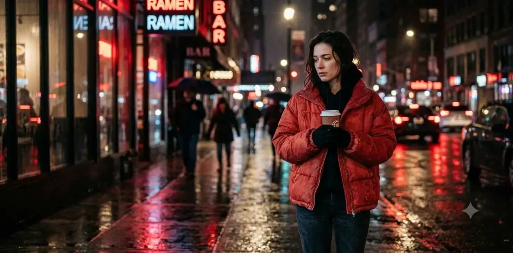 Woman in red jacket standing in rain
