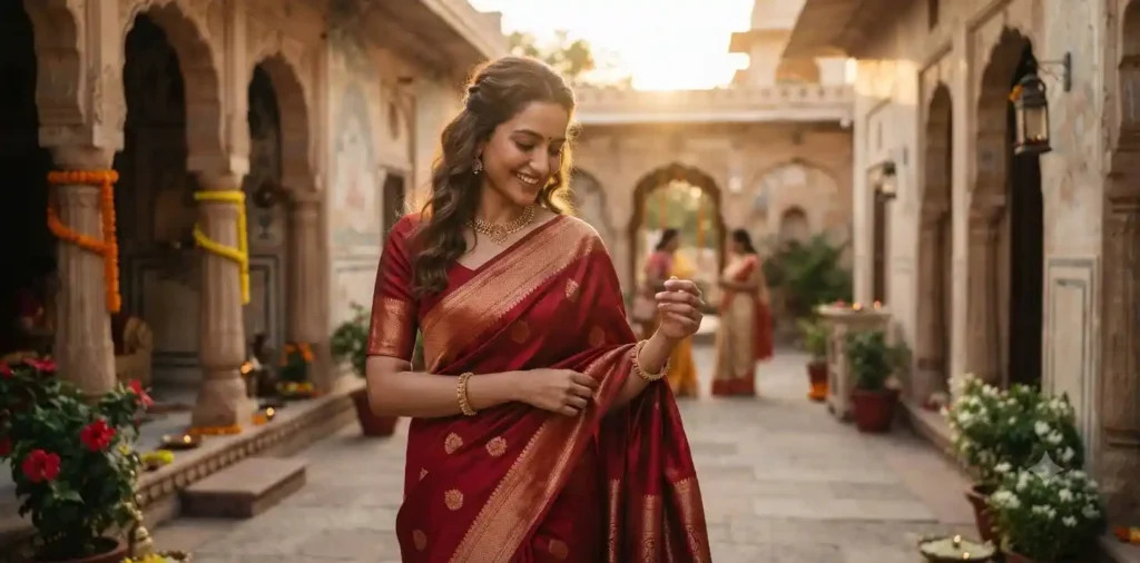 Woman wearing an elegant red saree outdoors