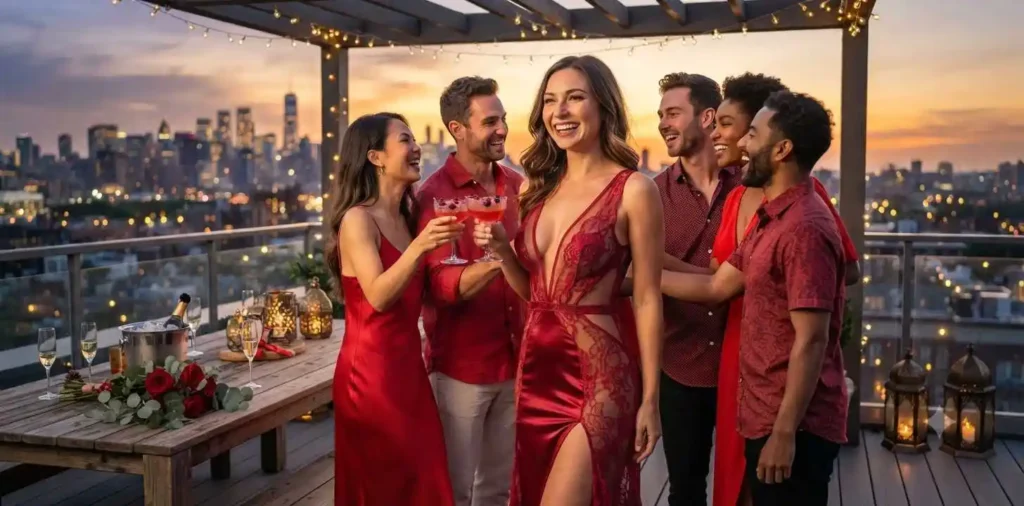Friends celebrating together in coordinated red clothing