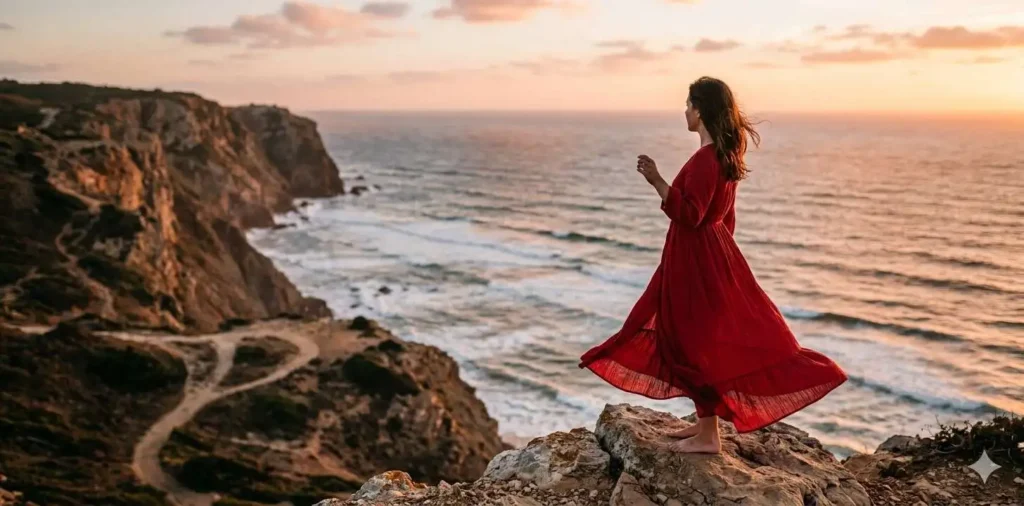 Traveler in red dress overlooking coastal cliffs