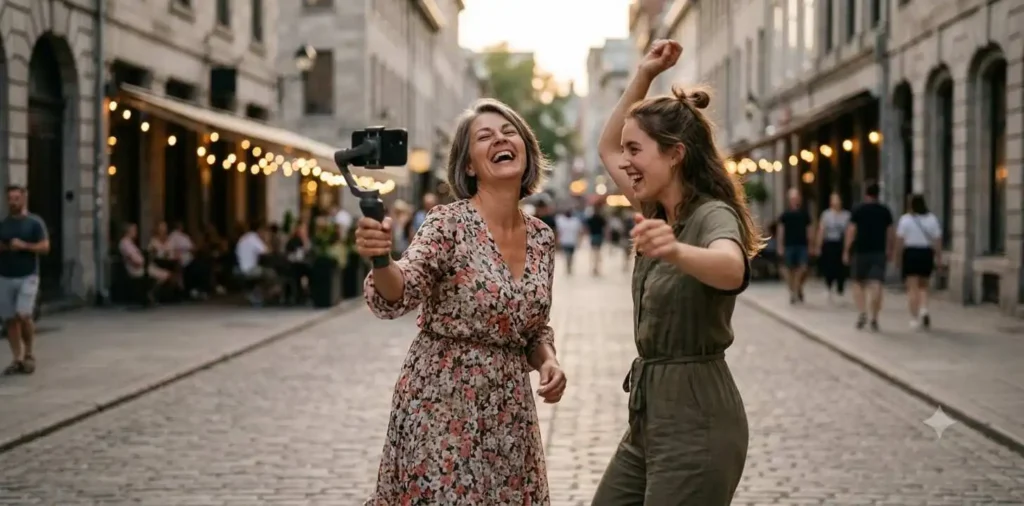 Mother and daughter recording a fun video