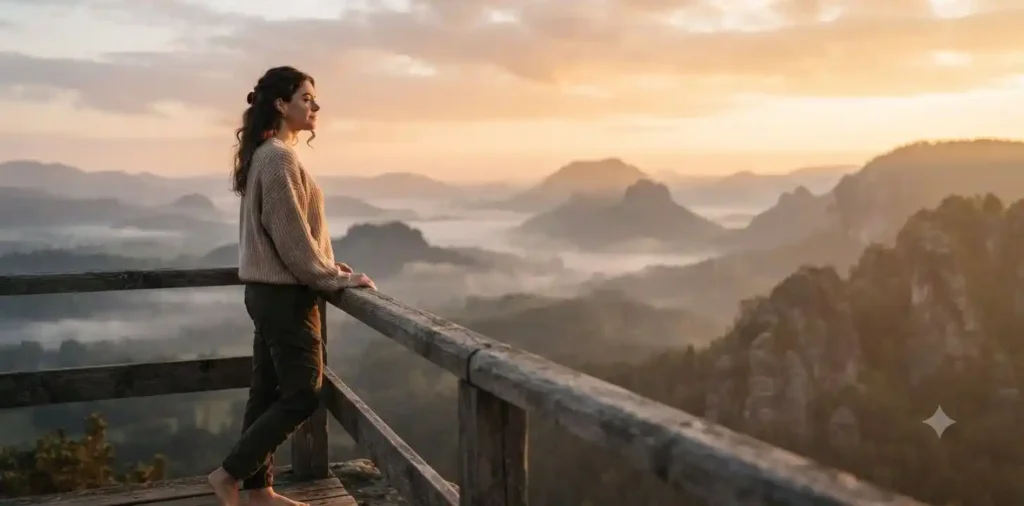 Traveler watching sunrise above misty mountain valley