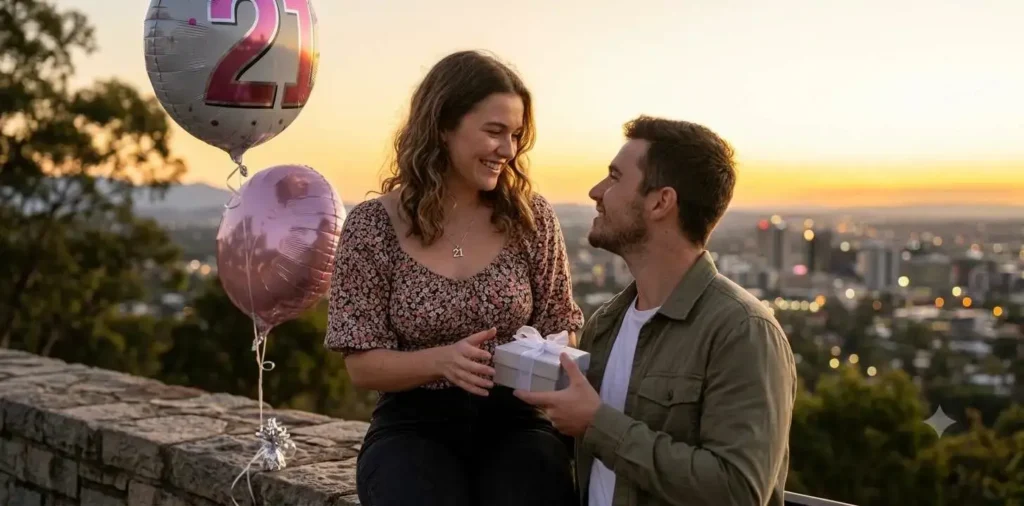 Couple celebrating birthday together at sunset