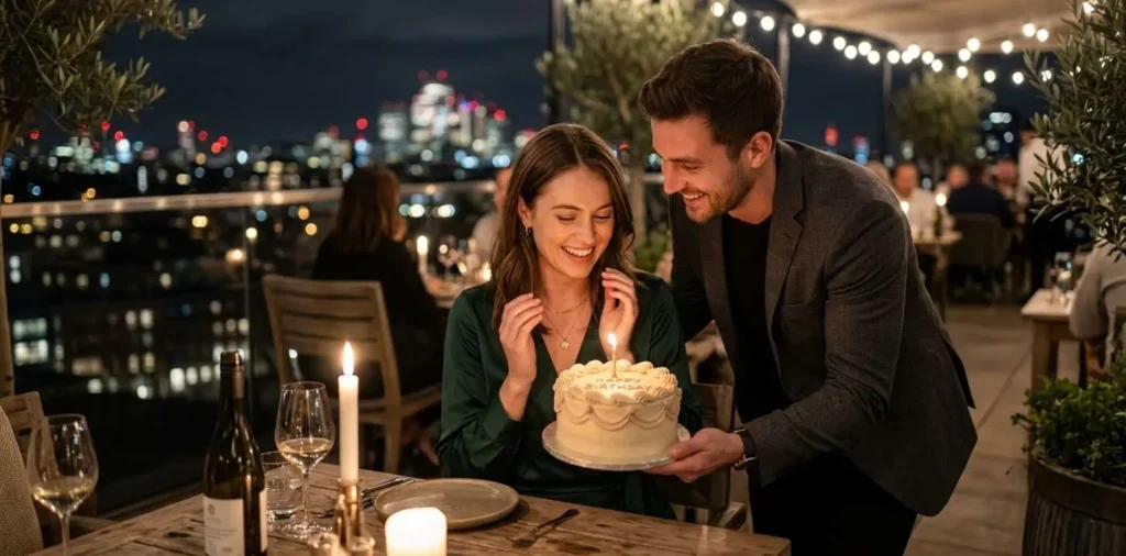 Couple celebrating birthday together over dinner