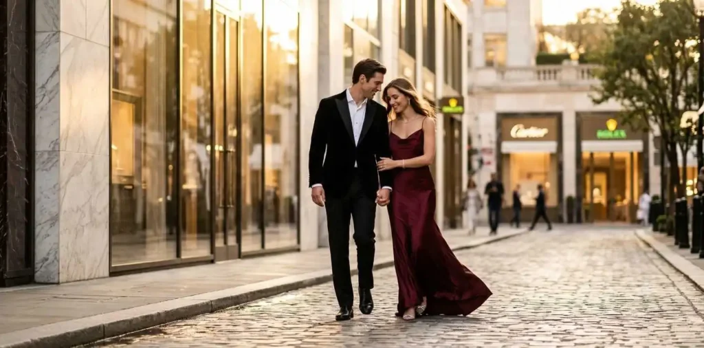Elegant couple walking together in evening light