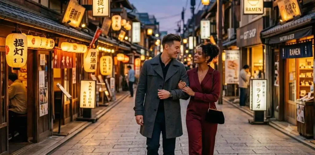 Couple walking beneath glowing lanterns at night