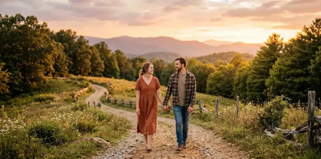 Couple walking together at sunset