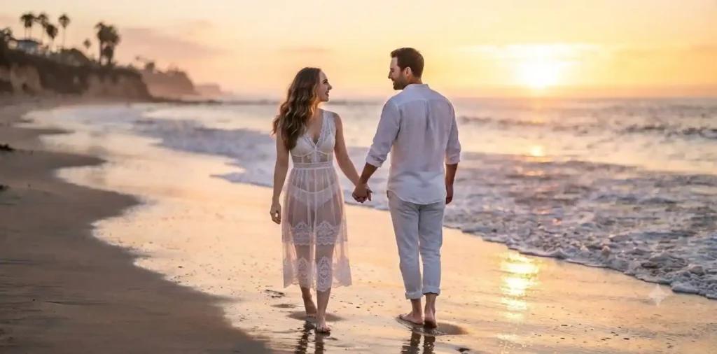 Couple holding hands beside the ocean