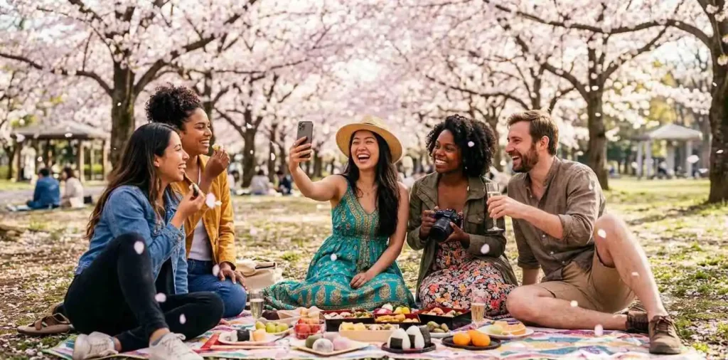 Friends enjoying cherry blossoms in spring park