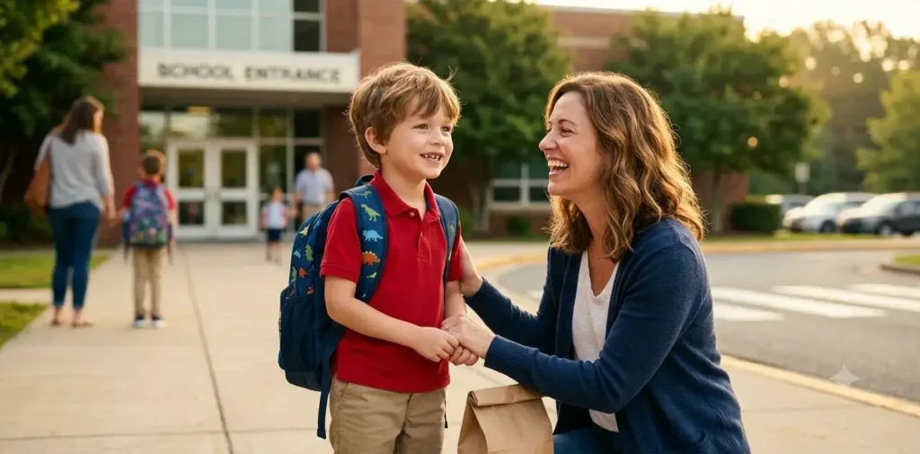 Mother hugging son outside school entrance