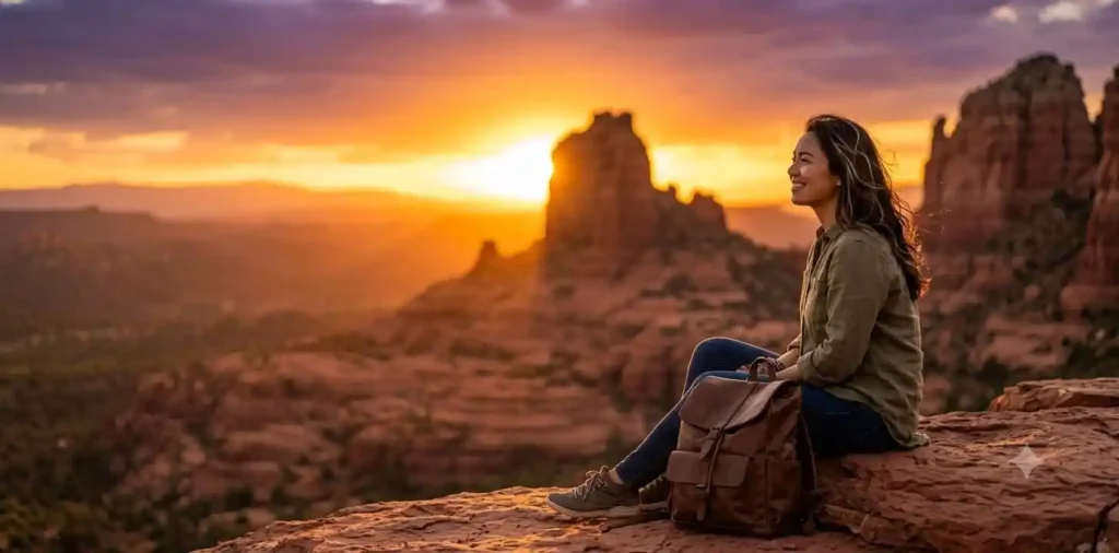 Traveler watching sunset over Sedona red rocks