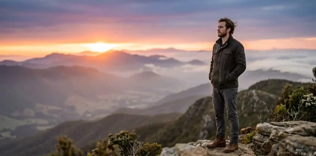 Confident man standing alone overlooking mountains