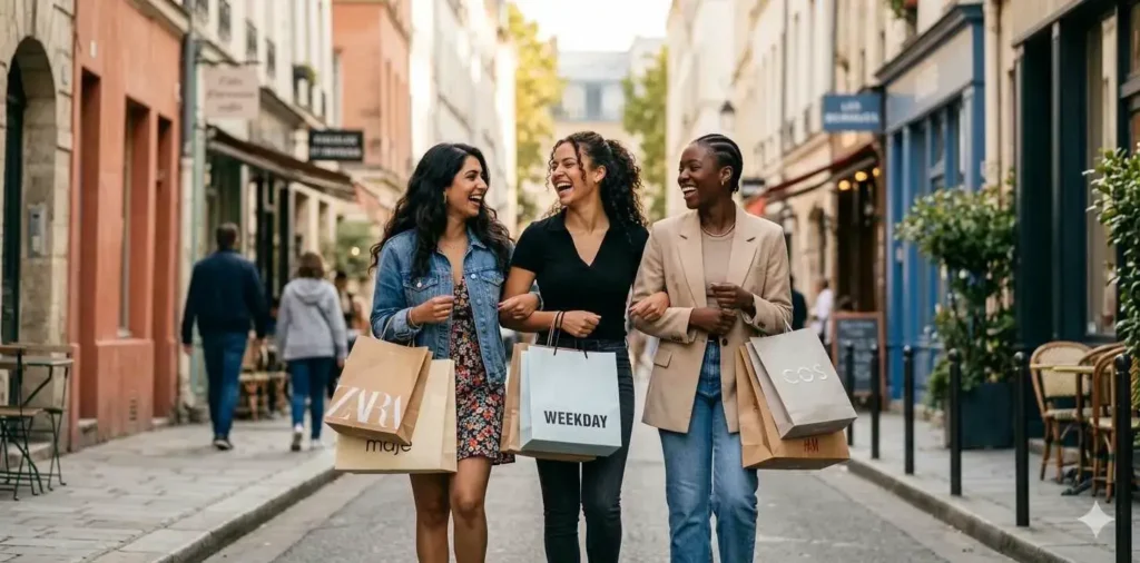 Female cousins walking together in city street