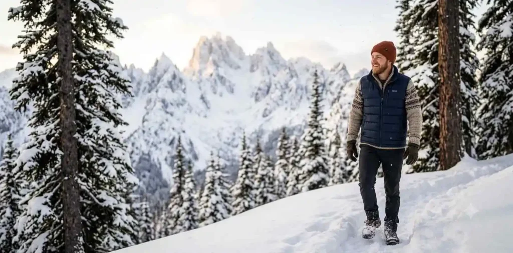 Traveler walking through snowy mountain landscape