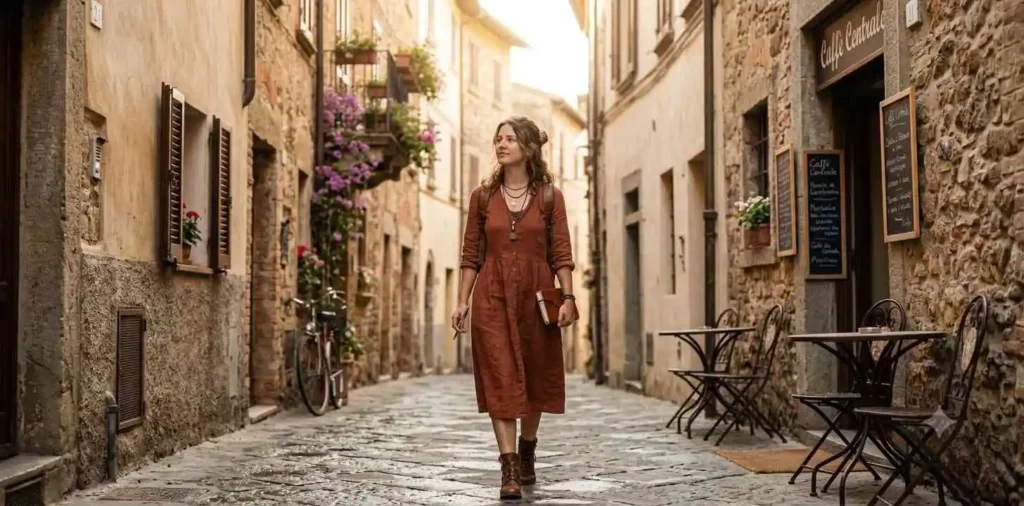 Solo traveler exploring quiet Italian alley
